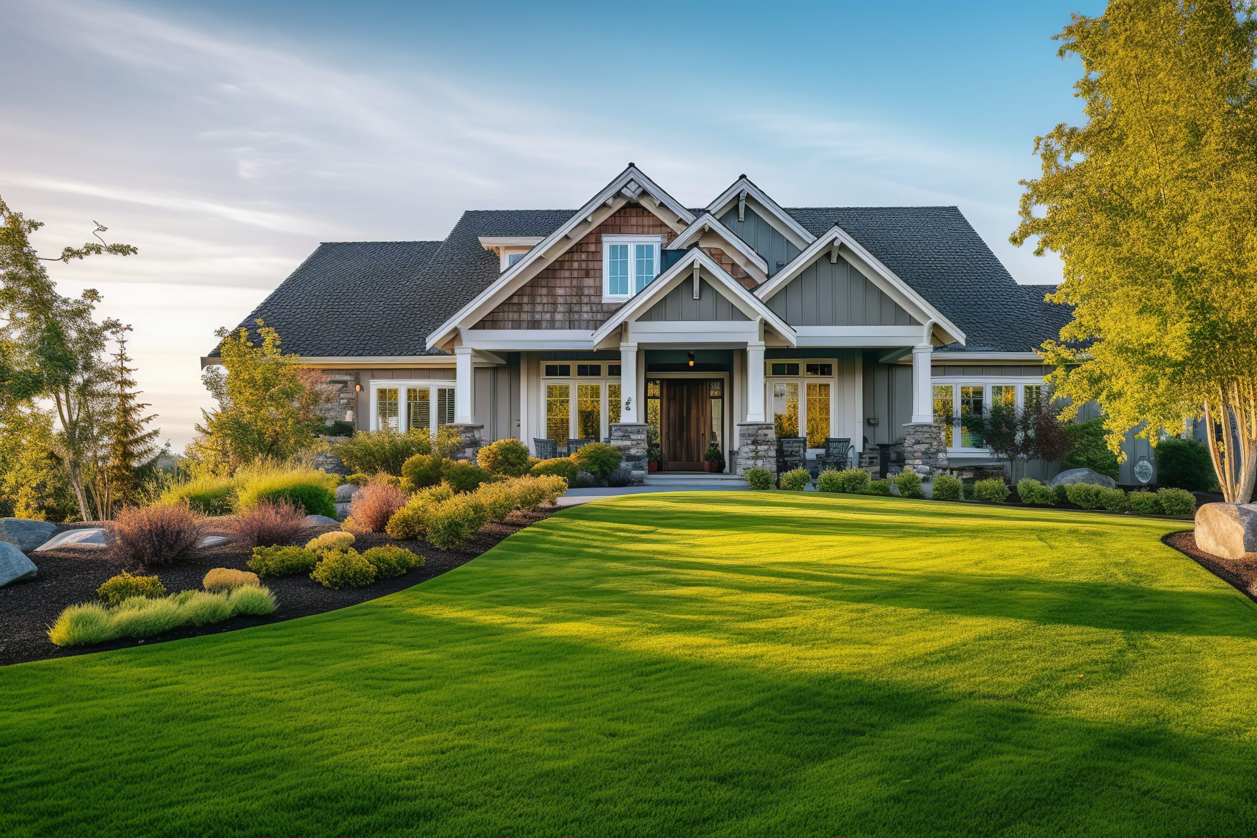 New luxury home with lush backyard, walkway to a ornate porch.